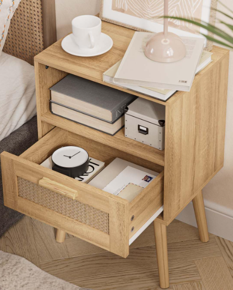 Rattan Nightstand with Drawers – Handmade Woven Bedside Table