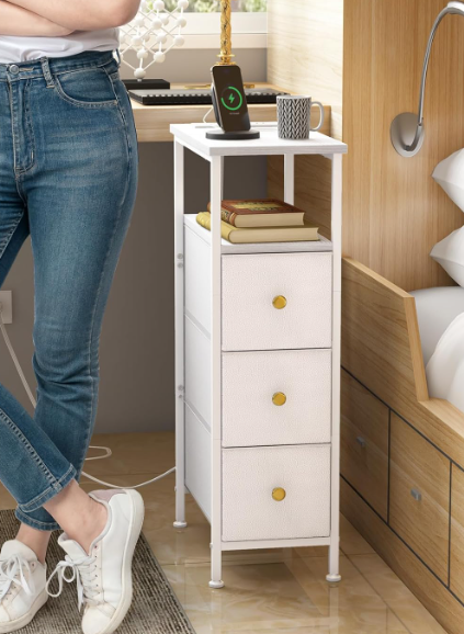 Dresser with Charging Station – Narrow Tall Slim Fabric Dresser with USB Ports & AC Outlets