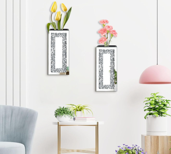 Diamond Mirrored Wall Planter Set of 2 – Sparkling Crystal Silver