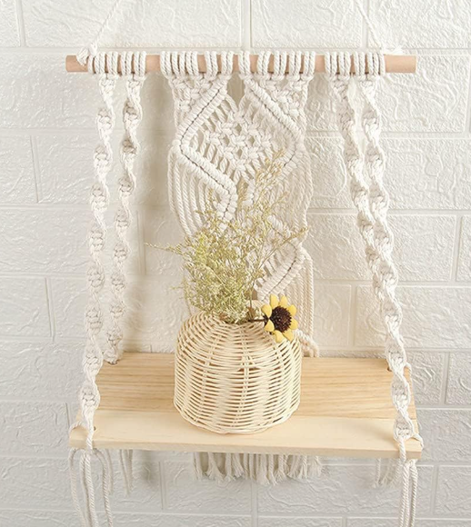 Wood Hanging Shelf Boho Wall Shelf with Cotton Rope – Rustic Wooden Hanging Shelf