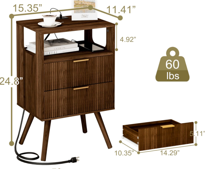 Nightstand with Drawers and Shelf – Walnut Brown Modern Bedside Table
