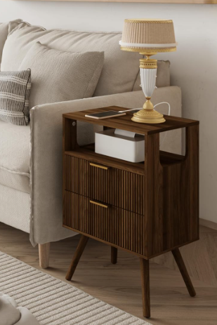 Nightstand with Drawers and Shelf – Walnut Brown Modern Bedside Table