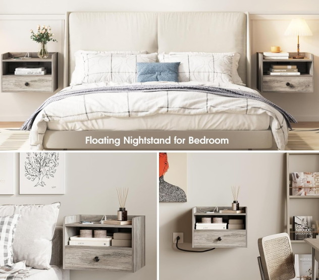 Floating Bedside Table with USB Ports and Outlets