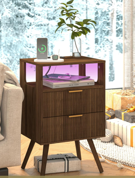 Nightstand with Drawers and Shelf – Walnut Brown Modern Bedside Table