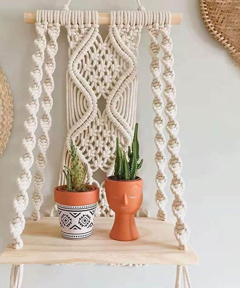 Wood Hanging Shelf Boho Wall Shelf with Cotton Rope – Rustic Wooden Hanging Shelf