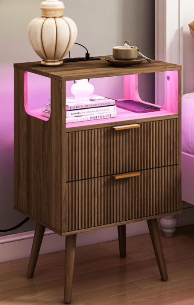 Nightstand with Drawers and Shelf – Walnut Brown Modern Bedside Table