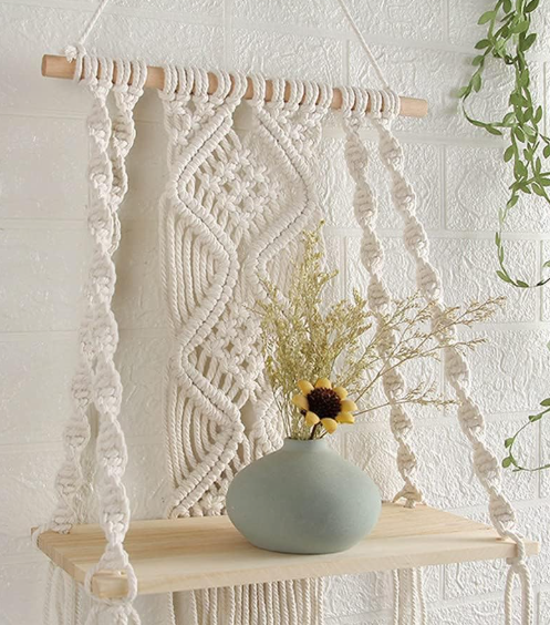 Wood Hanging Shelf Boho Wall Shelf with Cotton Rope – Rustic Wooden Hanging Shelf