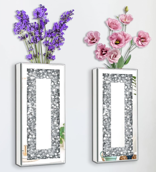 Diamond Mirrored Wall Planter Set of 2 – Sparkling Crystal Silver